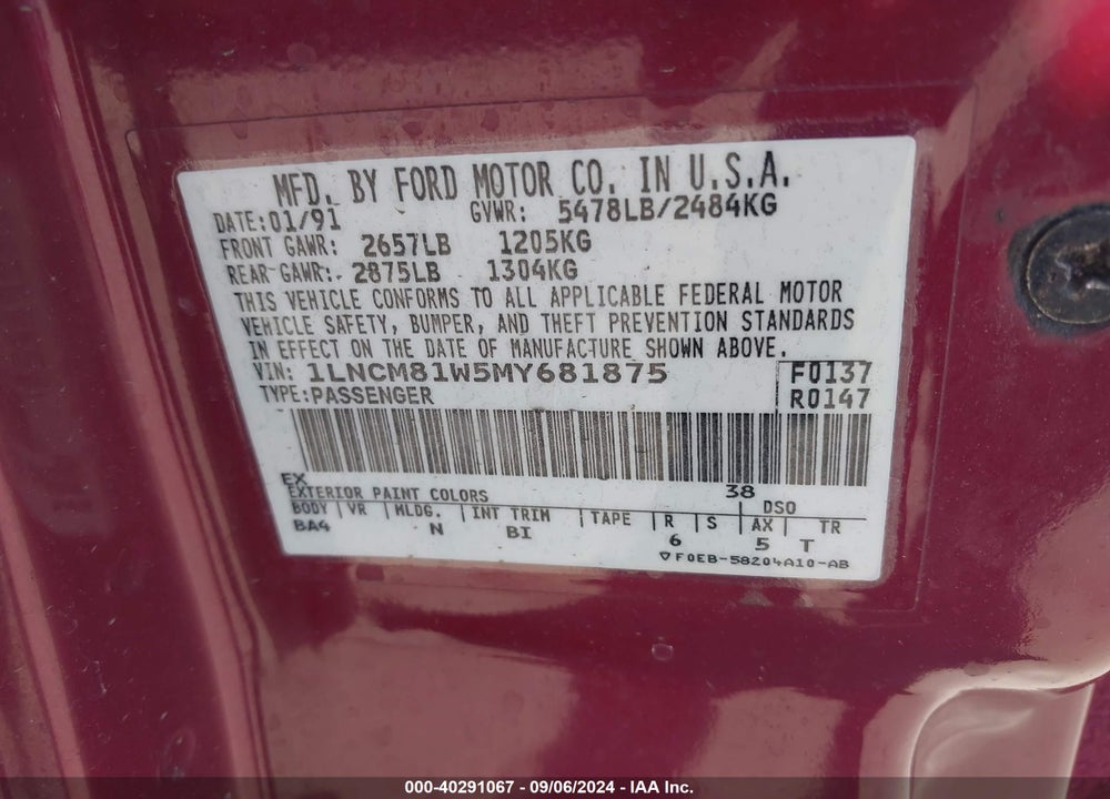 1991 LINCOLN TOWN CAR EXECUTIVE VIN: 1LNCM81W5MY681875