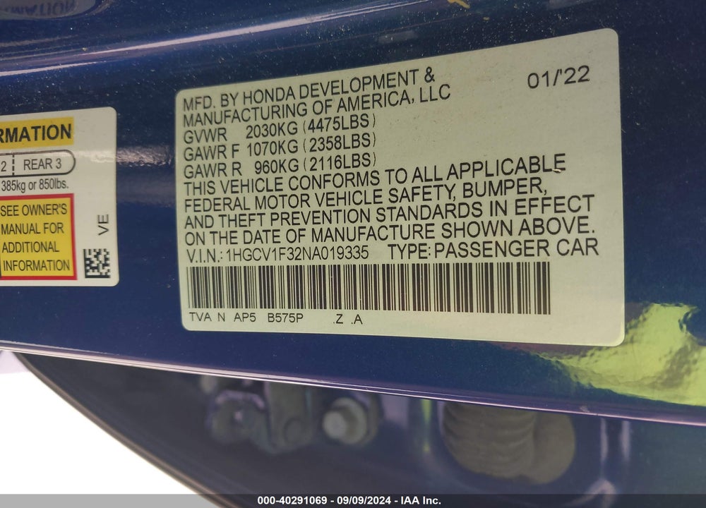 2022 HONDA ACCORD VIN: 1HGCV1F32NA019335