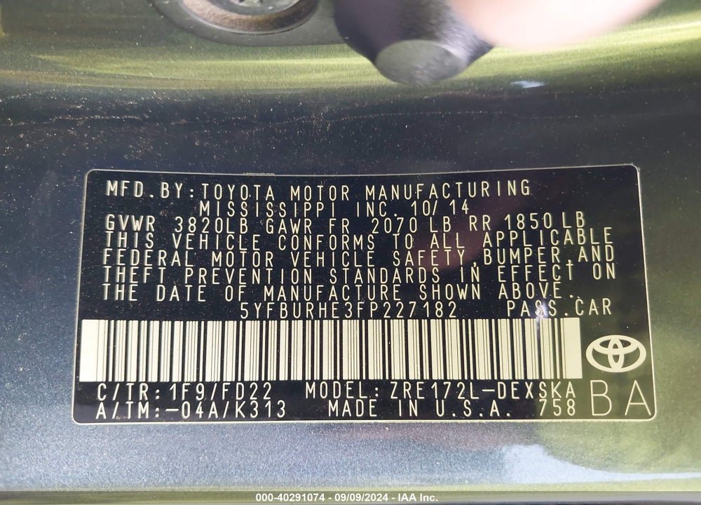 2015 TOYOTA COROLLA S PLUS VIN: 5YFBURHE3FP227182