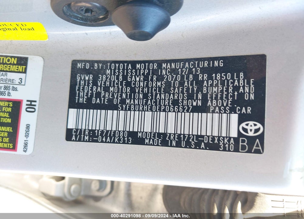 2014 TOYOTA COROLLA S PLUS VIN: 5YFBURHE0EP066627