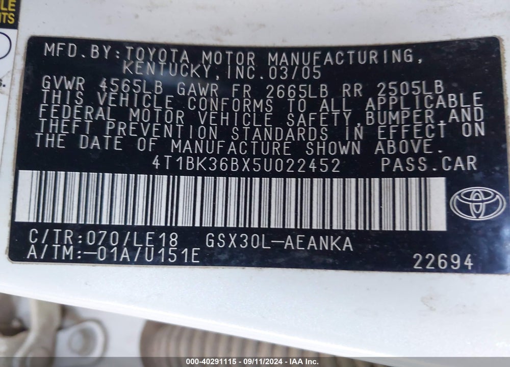 2005 TOYOTA AVALON TOURING VIN: 4T1BK36BX5U022452