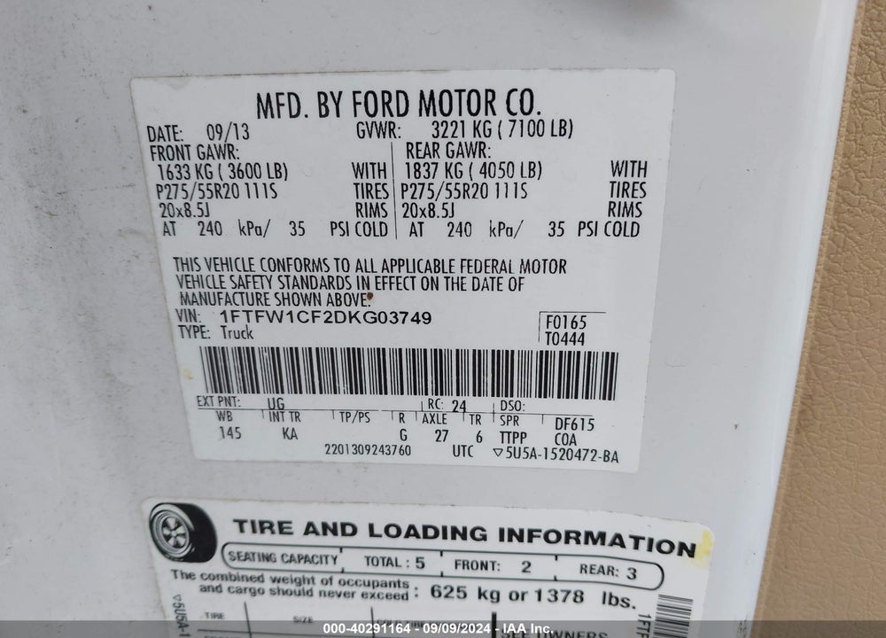 2013 FORD F-150 KING RANCH VIN: 1FTFW1CF2DKG03749