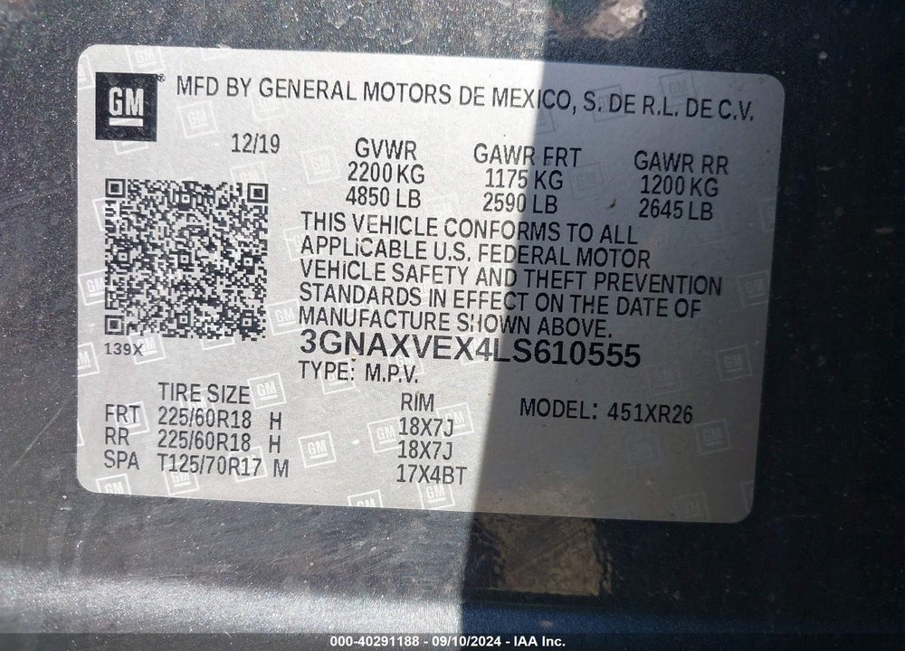 2020 CHEVROLET EQUINOX AWD LT 2.0L TURBO VIN: 3GNAXVEX4LS610555
