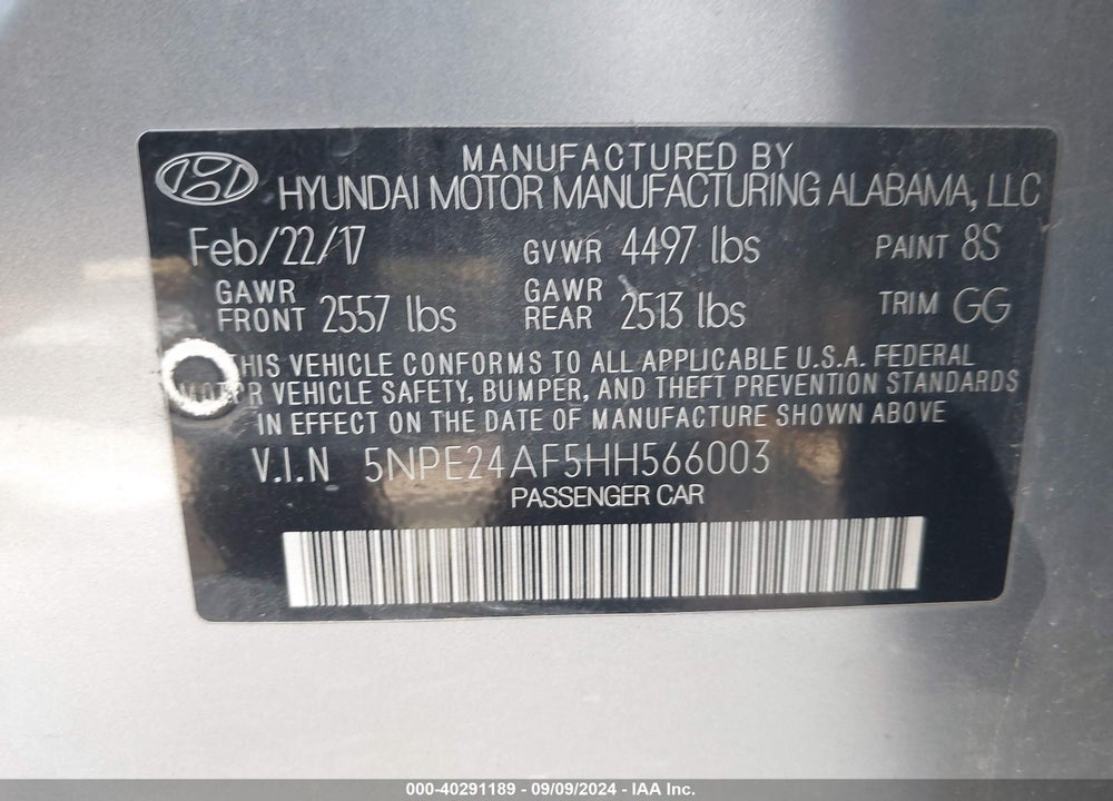 2017 HYUNDAI SONATA VIN: 5NPE24AF5HH566003
