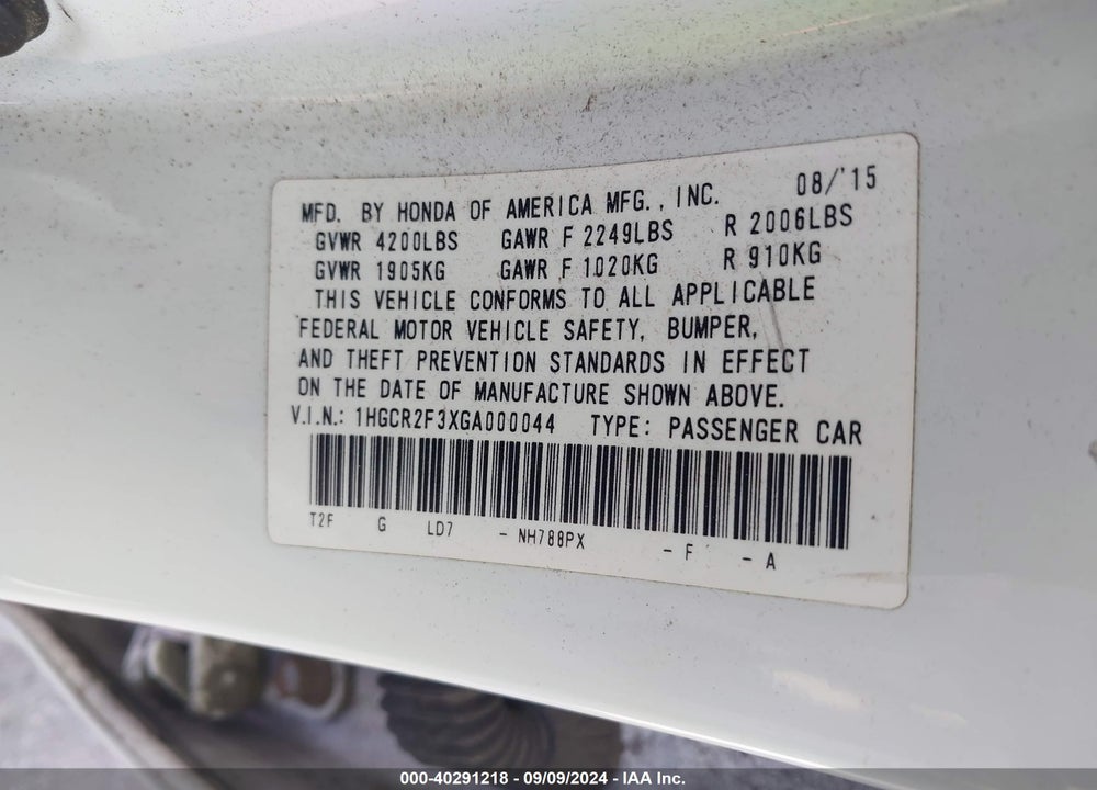 2016 HONDA ACCORD LX VIN: 1HGCR2F3XGA000044