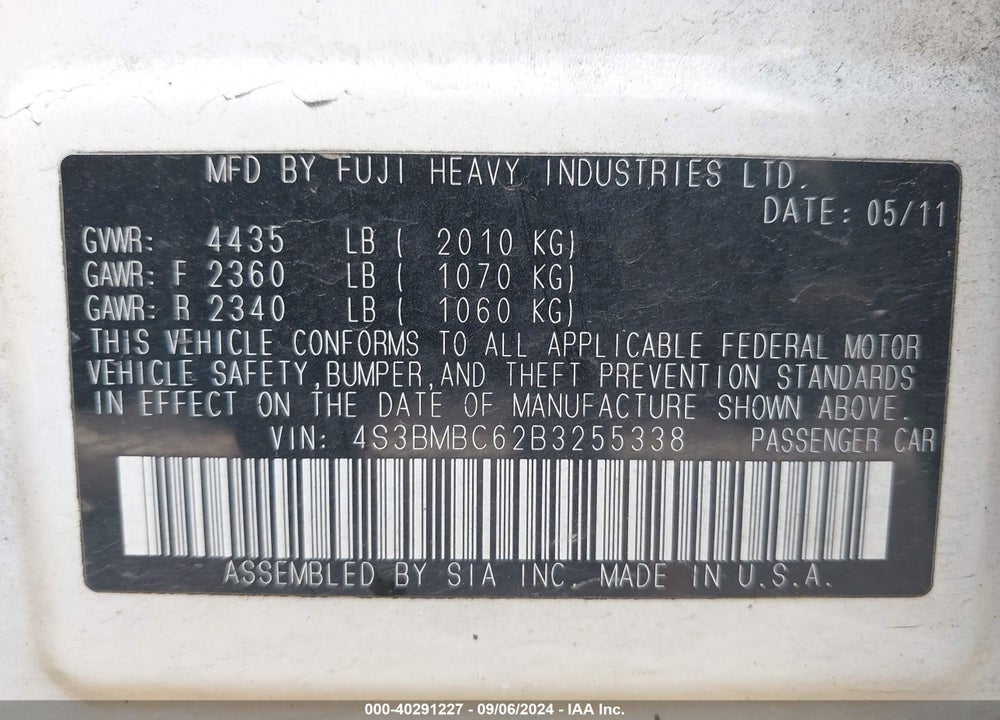 2011 SUBARU LEGACY 2.5I PREMIUM VIN: 4S3BMBC62B3255338