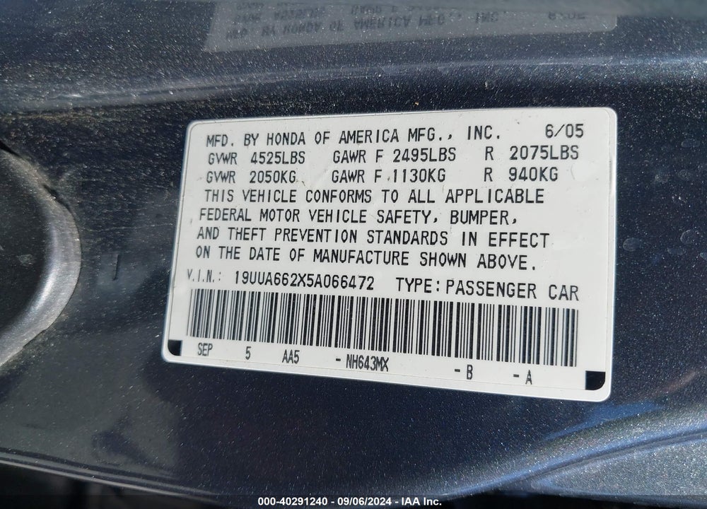 2005 ACURA TL VIN: 19UUA662X5A066472