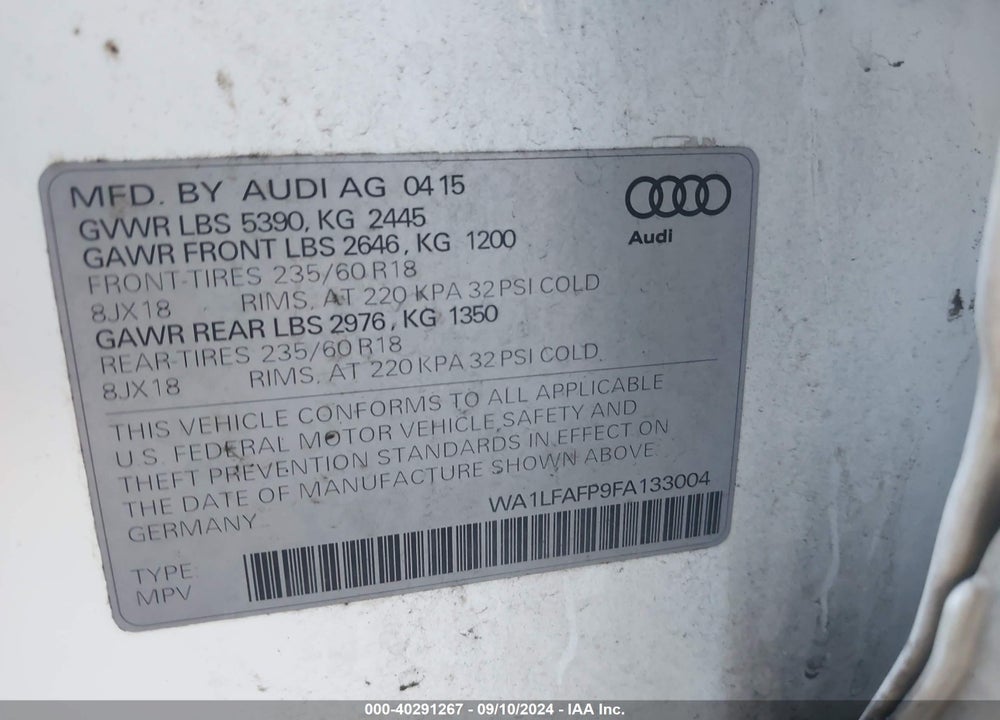 2015 AUDI Q5 2.0T PREMIUM VIN: WA1LFAFP9FA133004