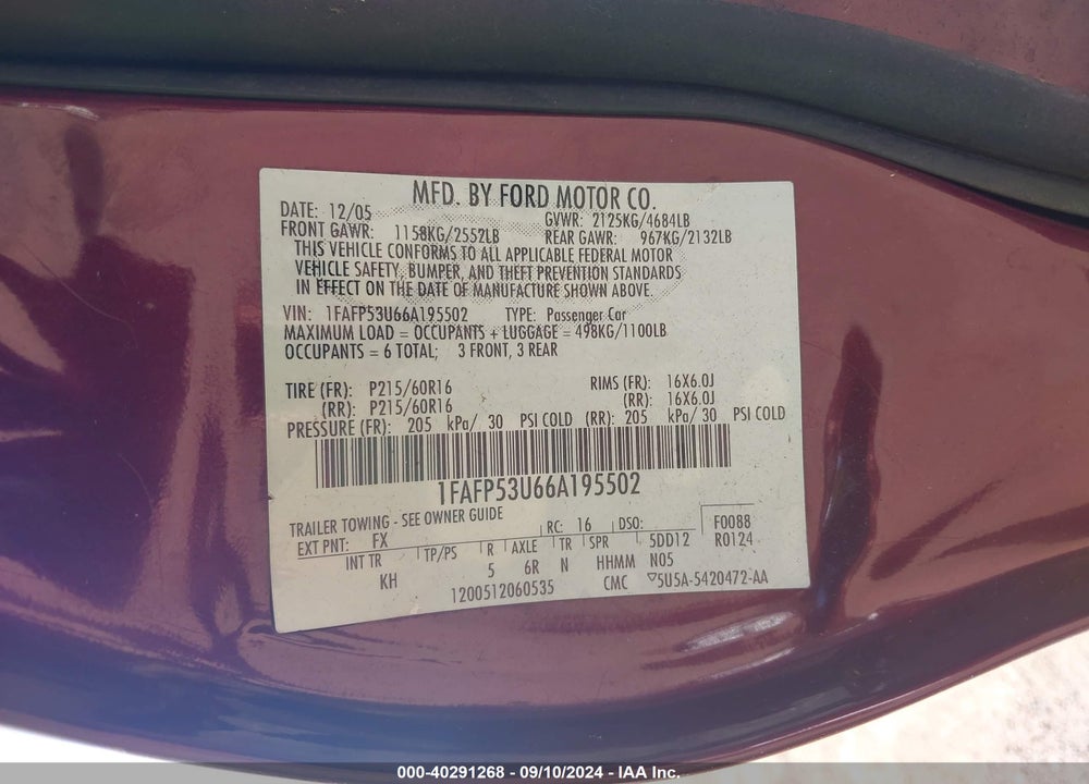 2006 FORD TAURUS SE VIN: 1FAFP53U66A195502
