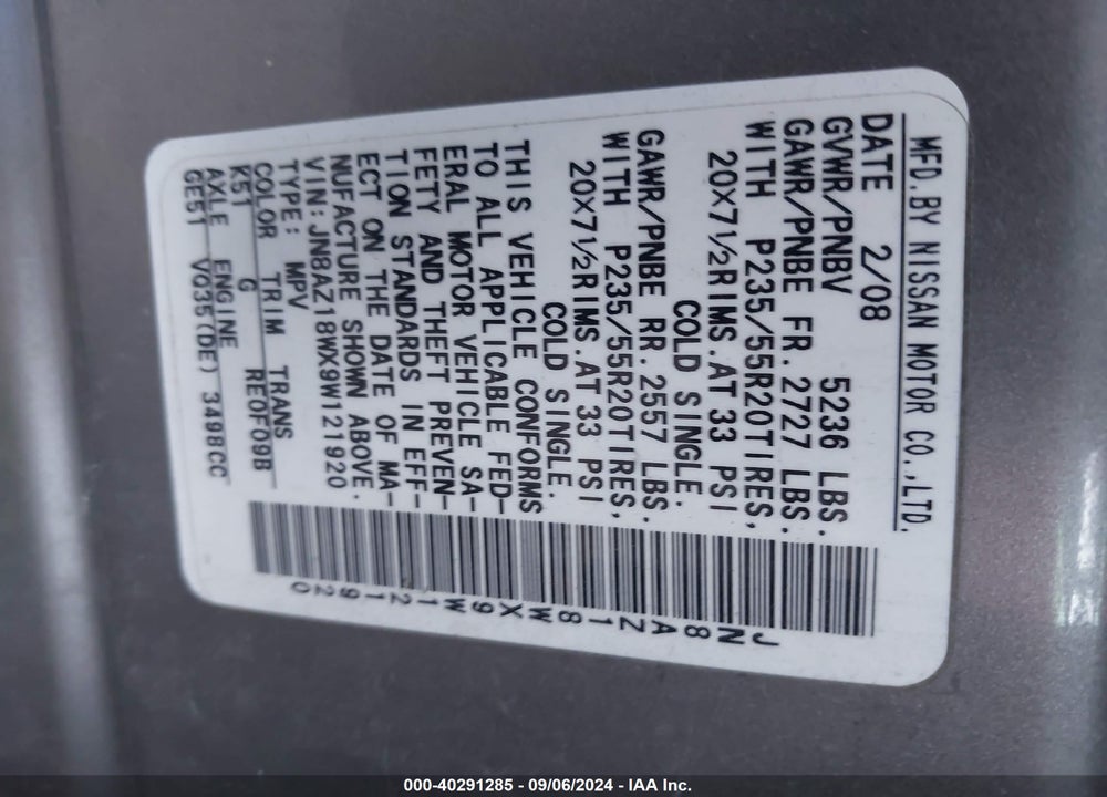 2009 NISSAN MURANO VIN: JN8AZ18WX9W121920