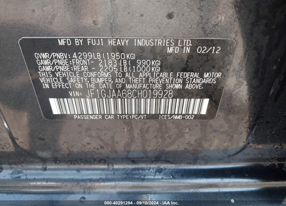 2012 SUBARU IMPREZA 2.0I VIN: JF1GJAA68CH019928