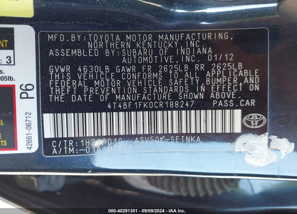 2012 TOYOTA CAMRY LE VIN: 4T4BF1FK0CR188247