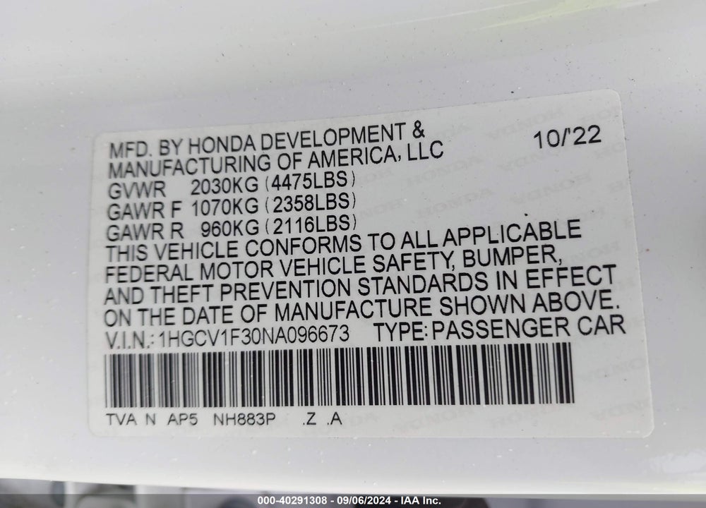 2022 HONDA ACCORD VIN: 1HGCV1F30NA096673