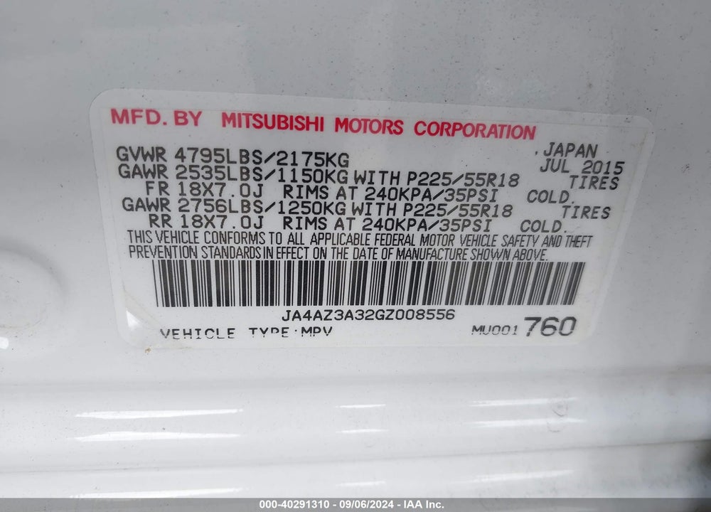 2016 MITSUBISHI OUTLANDER VIN: JA4AZ3A32GZ008556