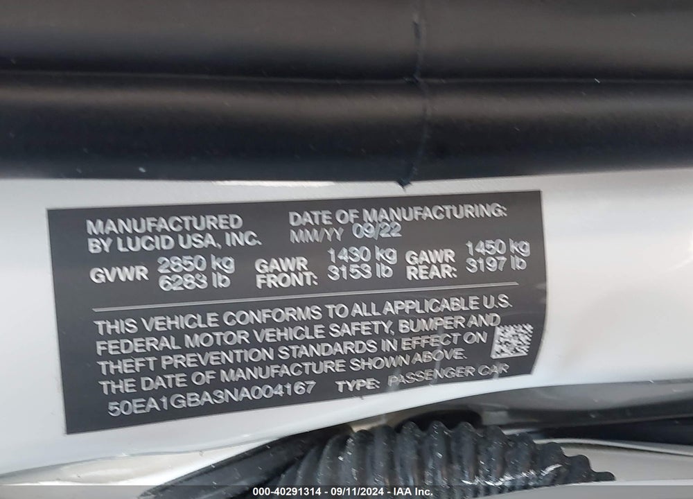2022 LUCID AIR GRAND TOURING VIN: 50EA1GBA3NA004167