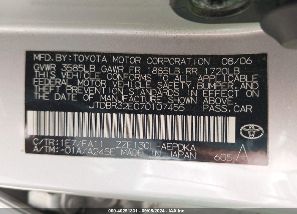 2007 TOYOTA COROLLA CE VIN: JTDBR32E070107455