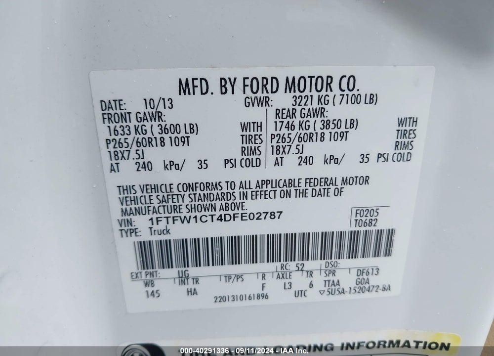 2013 FORD F-150 LARIAT VIN: 1FTFW1CT4DFE02787