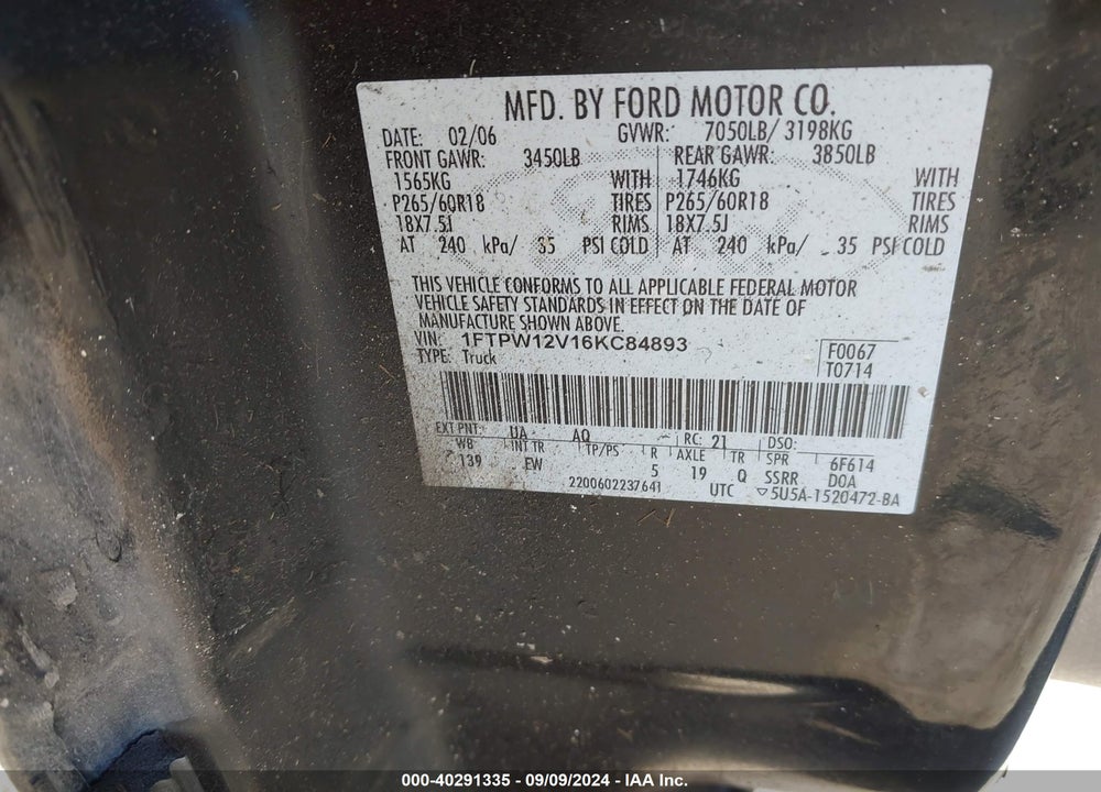 2006 FORD F-150 LARIAT/XLT VIN: 1FTPW12V16KC84893