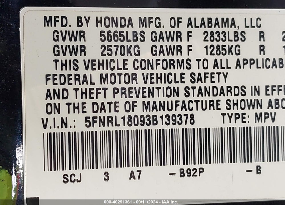 2003 HONDA ODYSSEY VIN: 5FNRL18093B139378