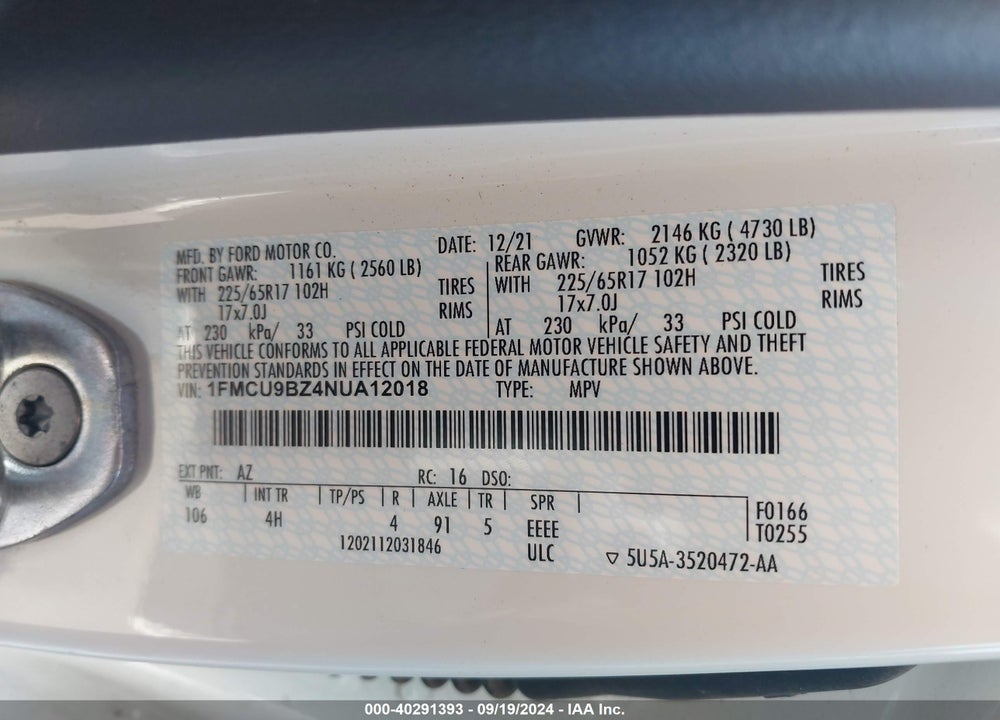 2022 FORD ESCAPE SE HYBRID VIN: 1FMCU9BZ4NUA12018
