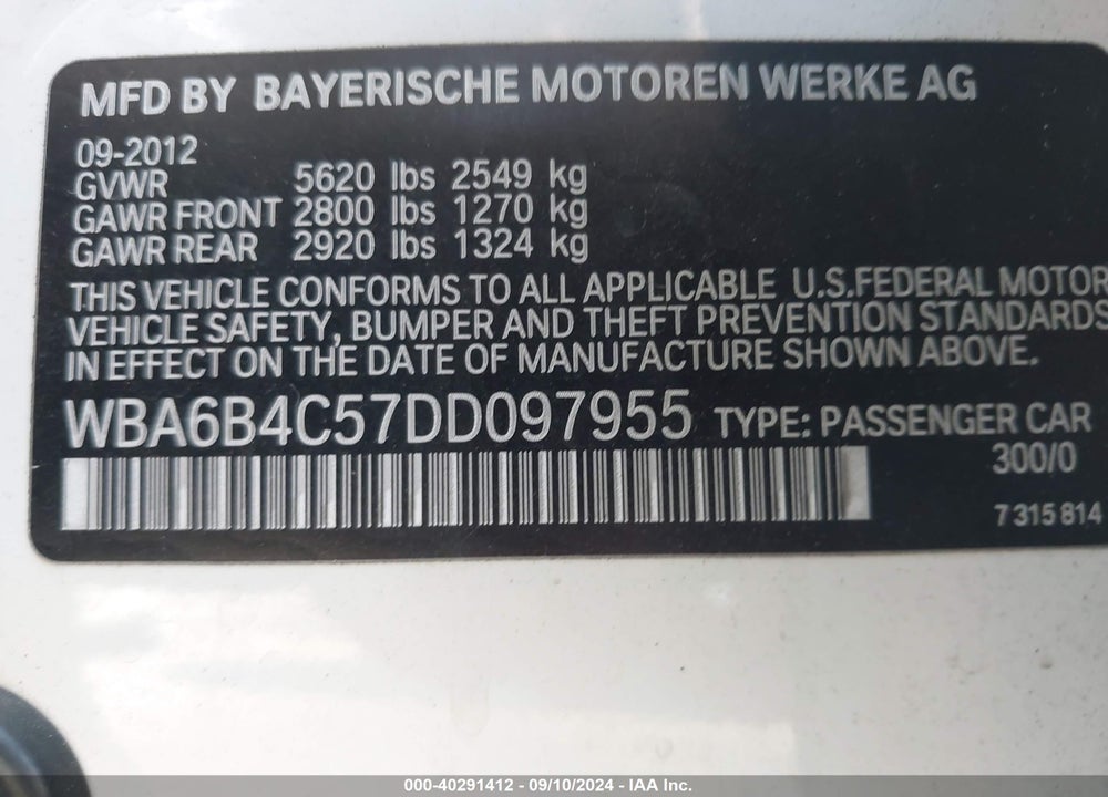 2013 BMW 650I GRAN COUPE XDRIVE VIN: WBA6B4C57DD097955