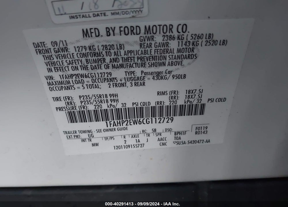 2012 FORD TAURUS SEL VIN: 1FAHP2EW6CG112729