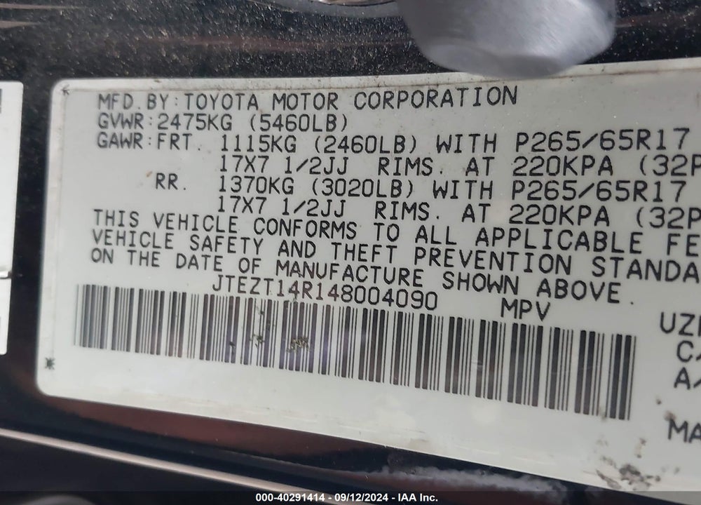 2004 TOYOTA 4RUNNER SR5 V8 VIN: JTEZT14R148004090