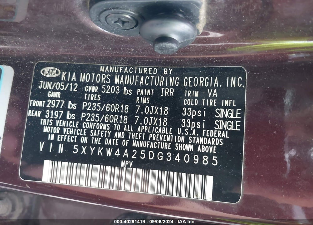 2013 KIA SORENTO SX VIN: 5XYKW4A25DG340985