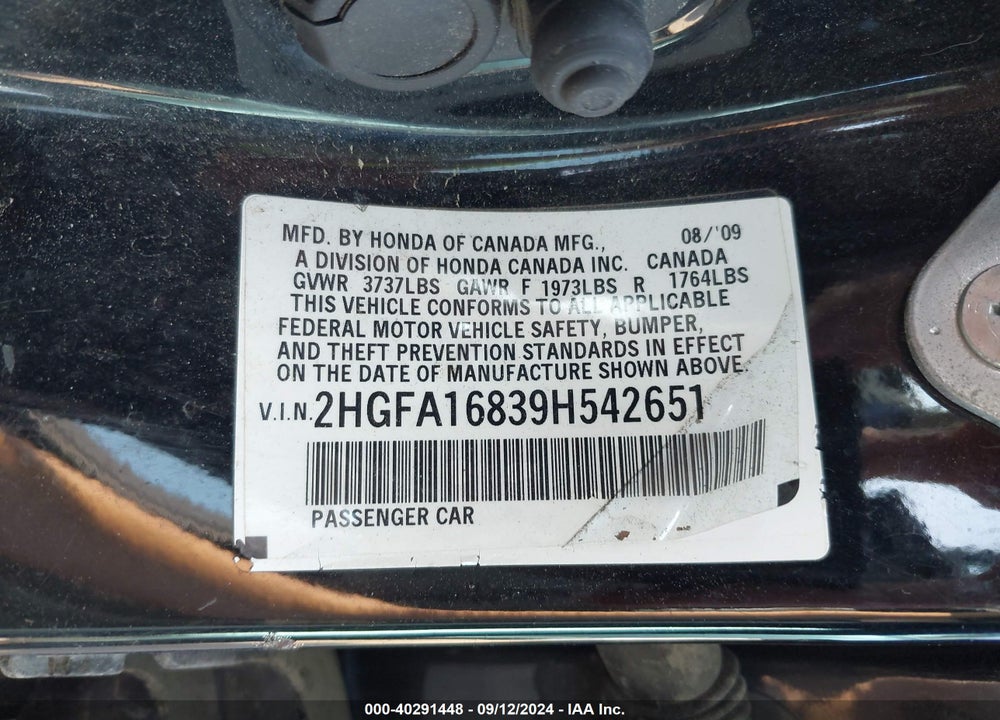 2009 HONDA CIVIC EX VIN: 2HGFA16839H542651