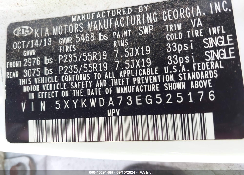 2014 KIA SORENTO SX V6 VIN: 5XYKWDA73EG525176