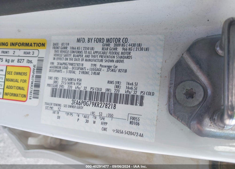 2019 FORD FUSION S VIN: 3FA6P0G79KR278218