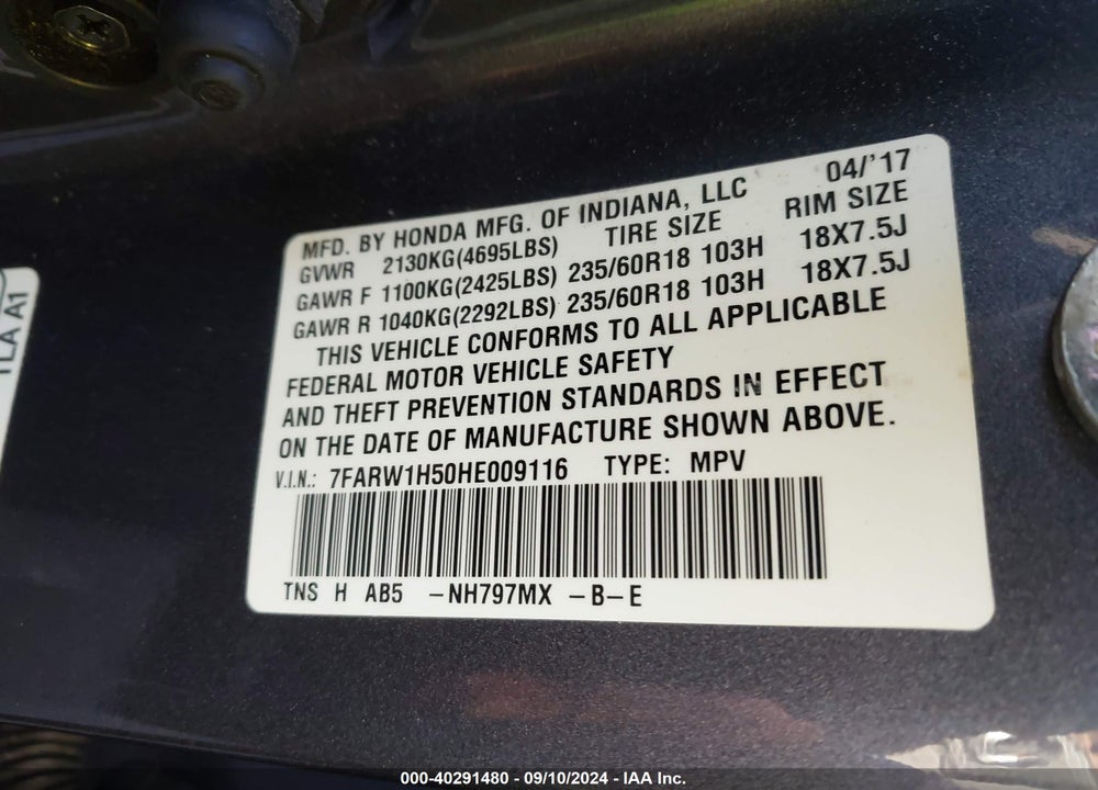 2017 HONDA CR-V EX VIN: 7FARW1H50HE009116