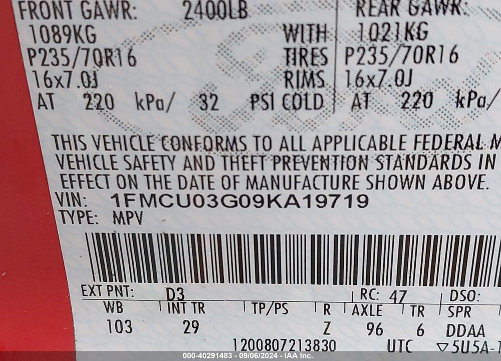 2009 FORD ESCAPE XLT VIN: 1FMCU03G09KA19719