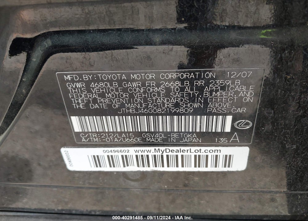 2008 LEXUS ES 350 VIN: JTHBJ46G082199809