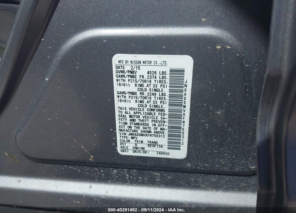 2015 NISSAN ROGUE SELECT S VIN: JN8AS5MVXFW758312