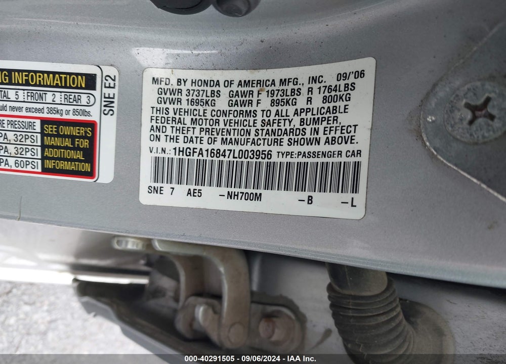 2007 HONDA CIVIC EX VIN: 1HGFA16847L003956