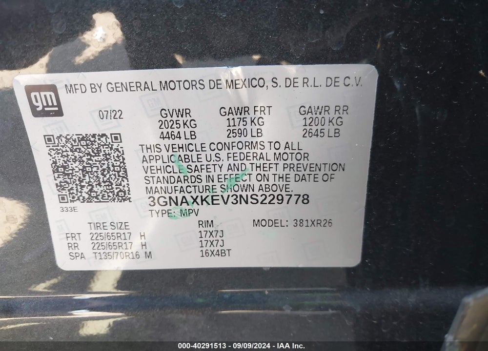 2022 CHEVROLET EQUINOX FWD LT VIN: 3GNAXKEV3NS229778