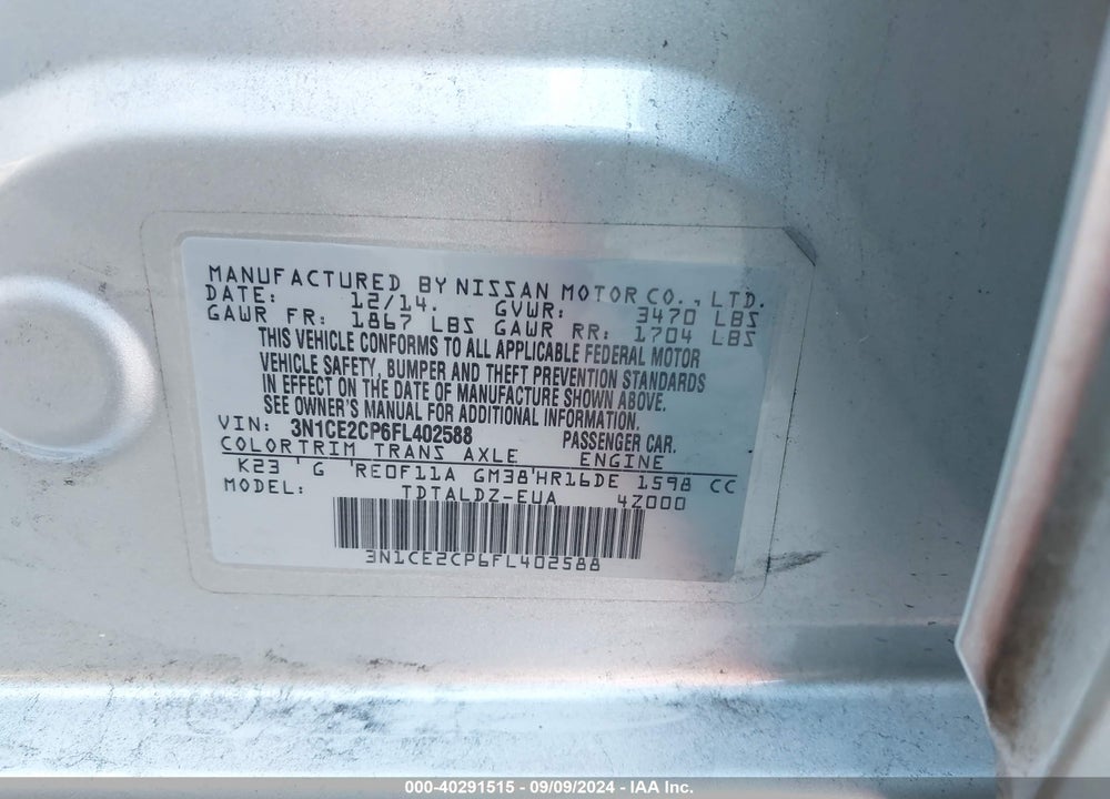 2015 NISSAN VERSA NOTE S (SR)/S PLUS/SL/SR/SV VIN: 3N1CE2CP6FL402588