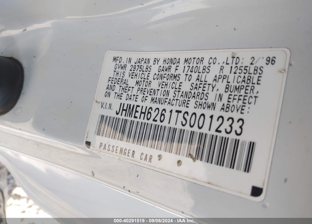 1996 HONDA CIVIC DEL SOL SI VIN: JHMEH6261TS001233