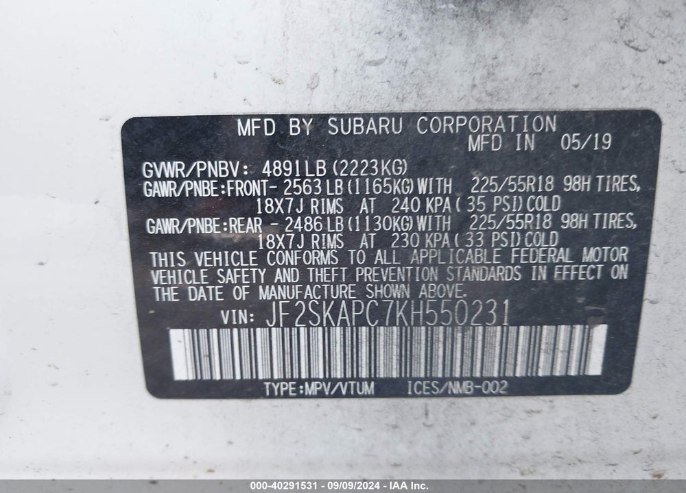 2019 SUBARU FORESTER SPORT VIN: JF2SKAPC7KH550231