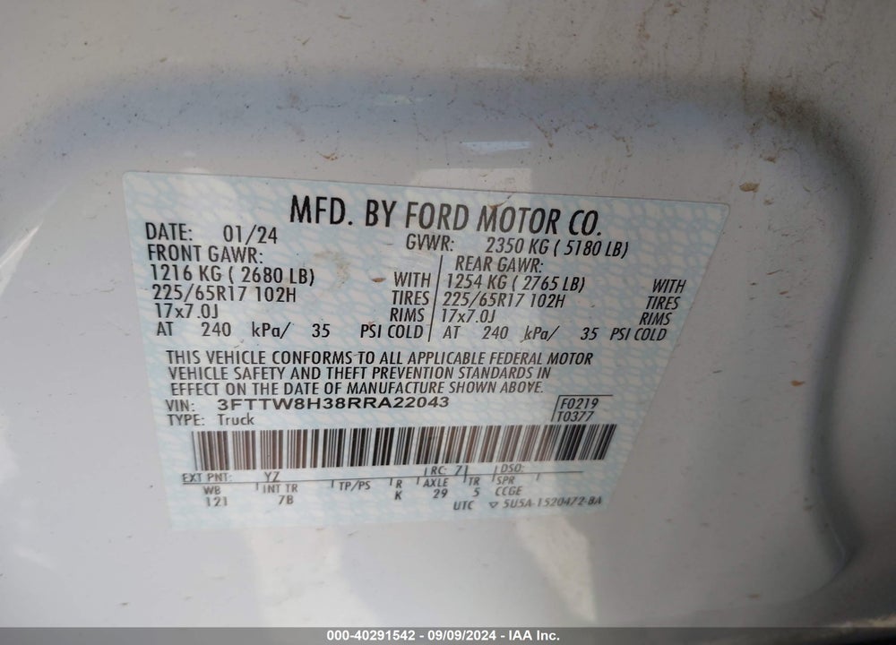 2024 FORD MAVERICK XLT VIN: 3FTTW8H38RRA22043