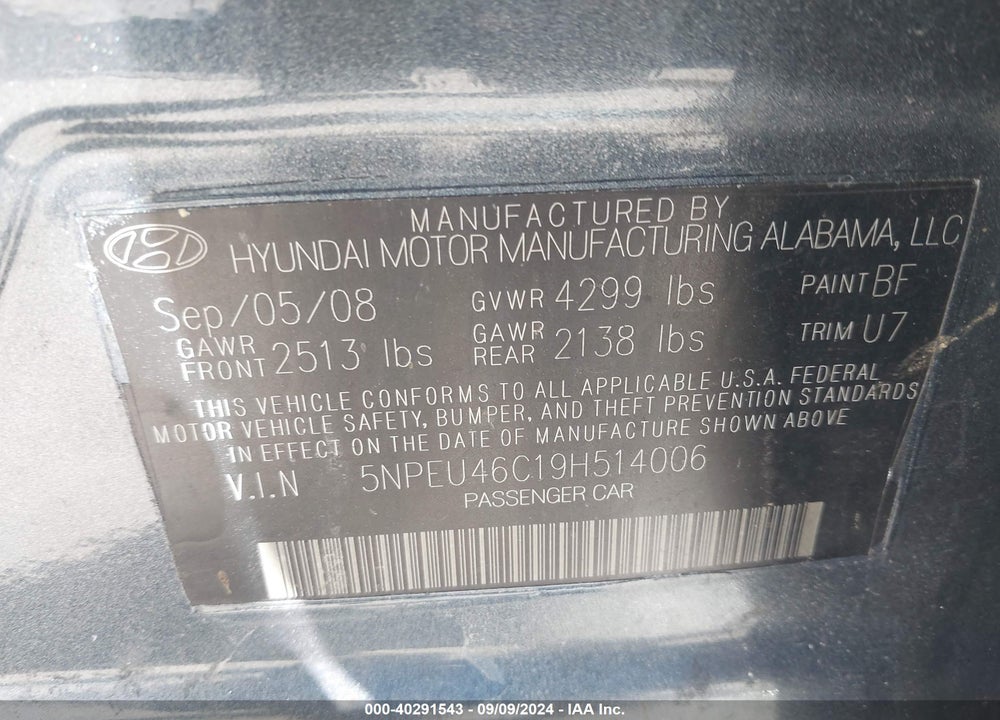 2009 HYUNDAI SONATA LIMITED VIN: 5NPEU46C19H514006