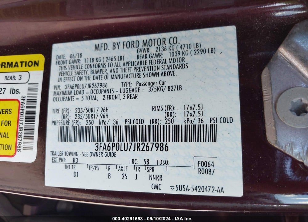 2018 FORD FUSION HYBRID SE VIN: 3FA6P0LU7JR267986