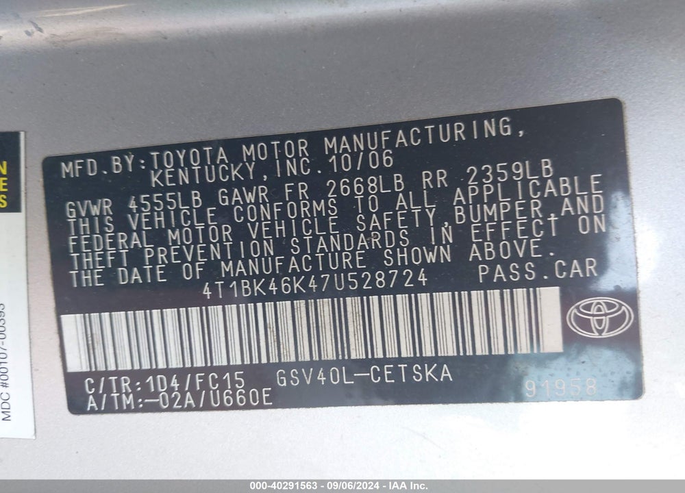 2007 TOYOTA CAMRY SE V6 VIN: 4T1BK46K47U528724
