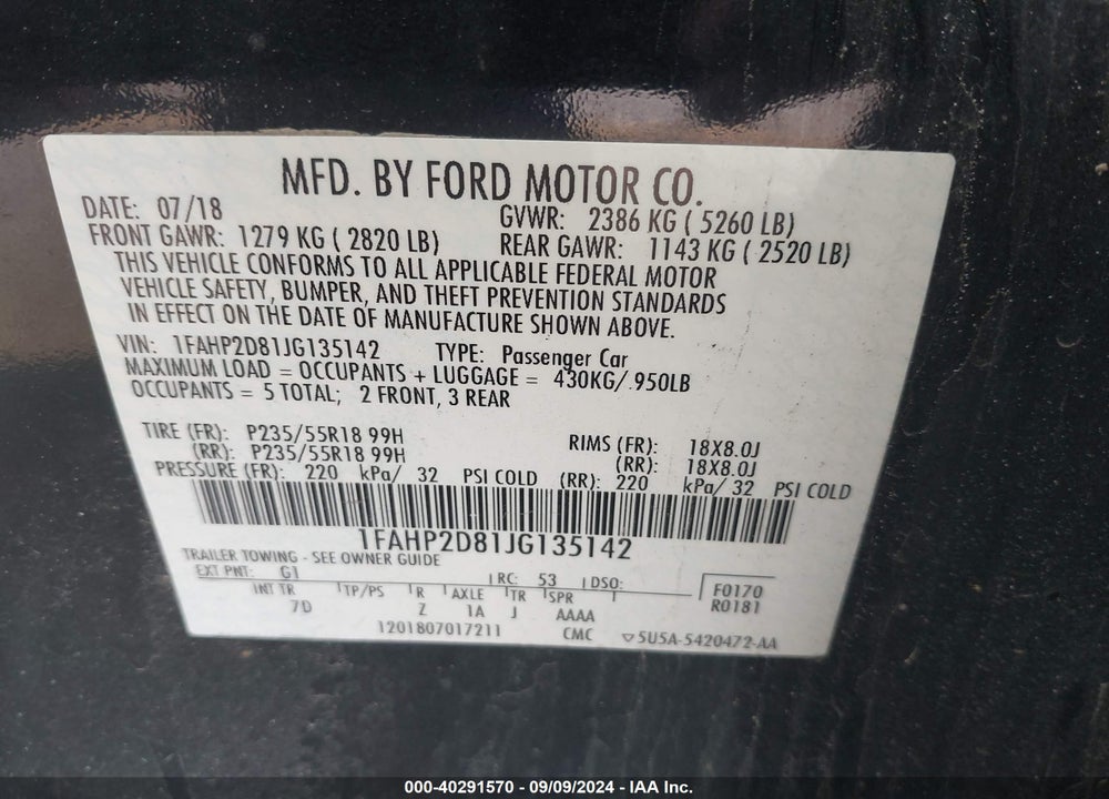 2018 FORD TAURUS SE VIN: 1FAHP2D81JG135142