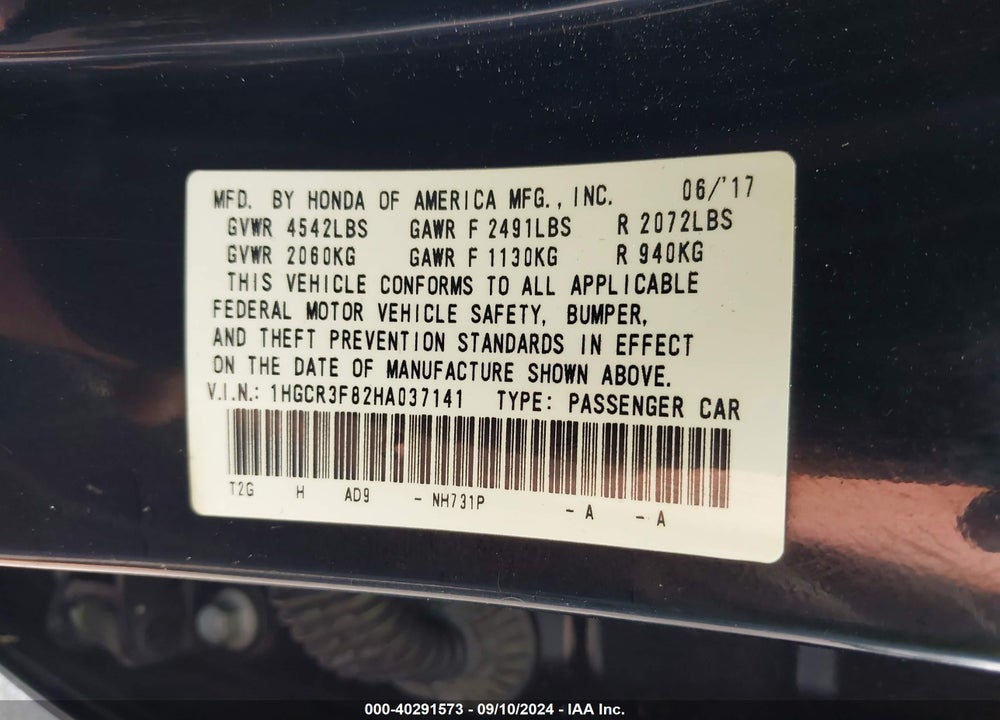 2017 HONDA ACCORD EX-L V6 VIN: 1HGCR3F82HA037141