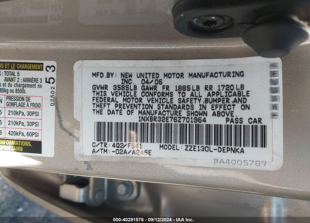 2006 TOYOTA COROLLA LE VIN: 1NXBR32E76Z701964