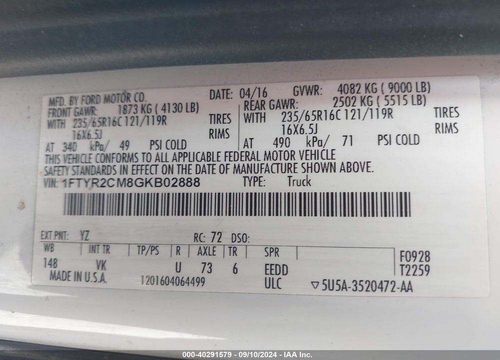 2016 FORD TRANSIT-250 VIN: 1FTYR2CM8GKB02888