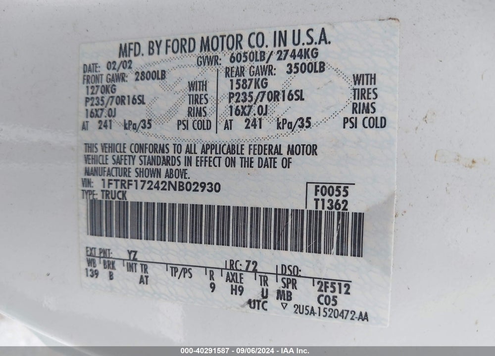 2002 FORD F-150 XL/XLT VIN: 1FTRF17242NB02930