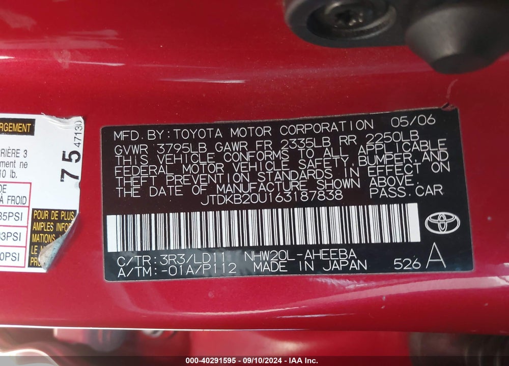 2006 TOYOTA PRIUS VIN: JTDKB20U163187838